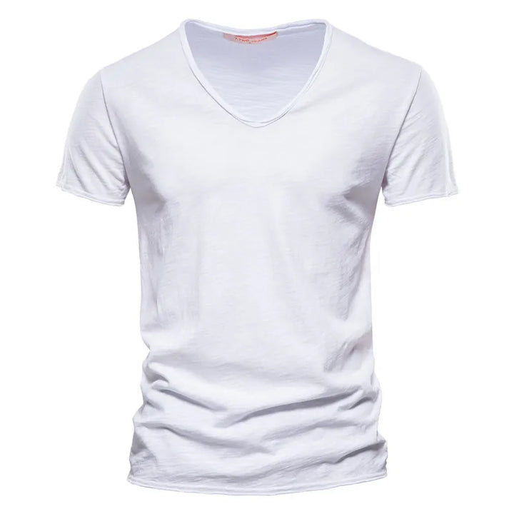 Modern men's V-neck casual summer shirt. Short sleeve top for relaxed, fashionable warm-weather style.
