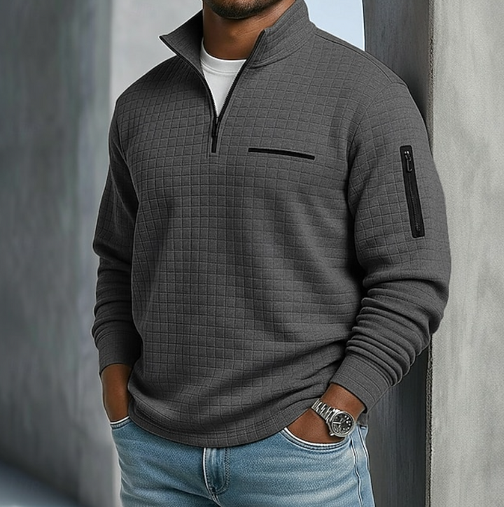 Textured waffle knit men's jumper, a soft long sleeve top designed for casual comfort and warmth.