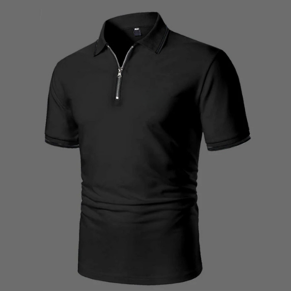 Men's casual zip polo shirt, short sleeve, breathable fabric, perfect for smart-casual summer style & comfort.