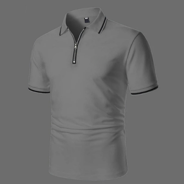 Stylish men's short sleeve zip polo shirt, showcasing its comfortable fit & breathable fabric for everyday casual wear.