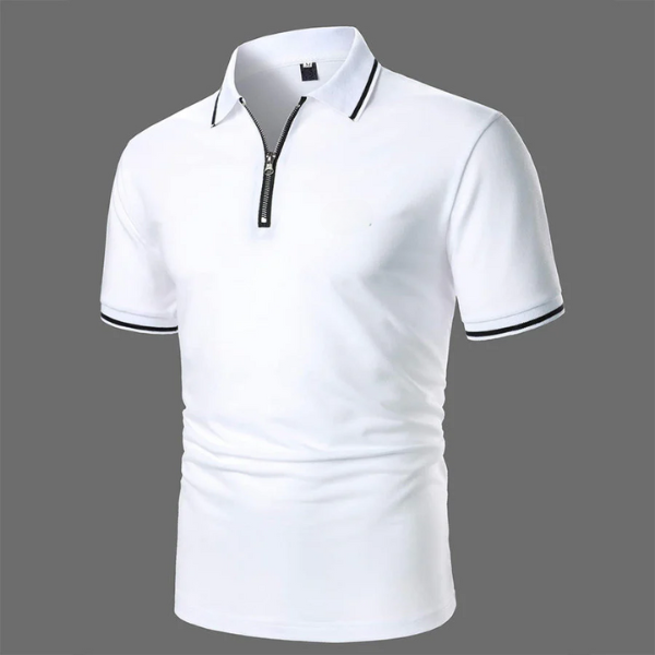Versatile men's short sleeve zip polo. Breathable casual top, ideal for summer fashion and comfortable daily wear.