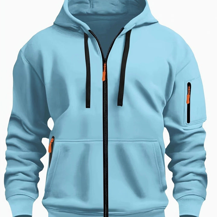 Durable men's zip-up sweatshirt with hood, perfect as an outdoor gear layering piece for winter.