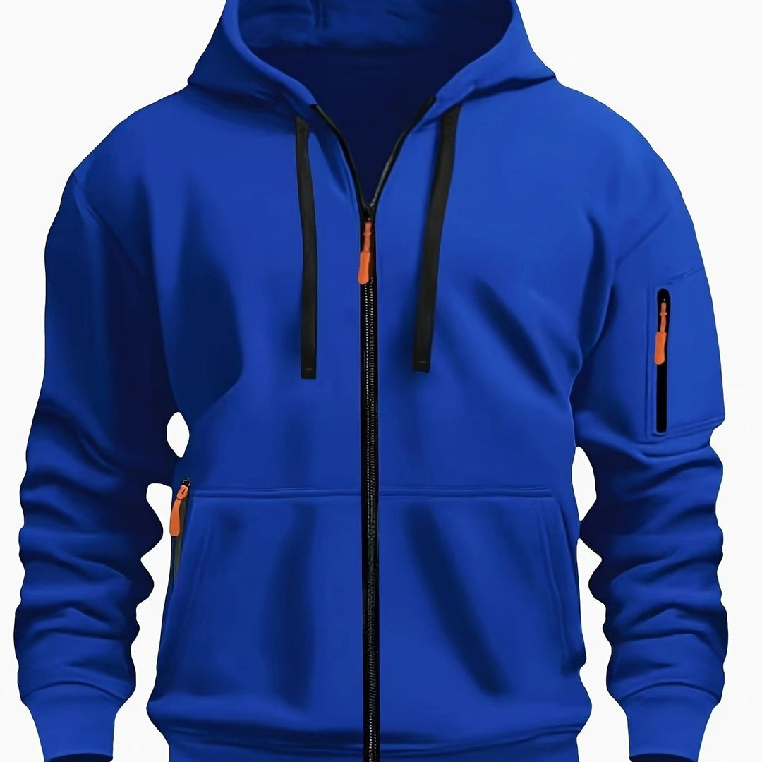 Modern men's casual hoodie, a comfortable zip-up top for fall fashion and activewear.