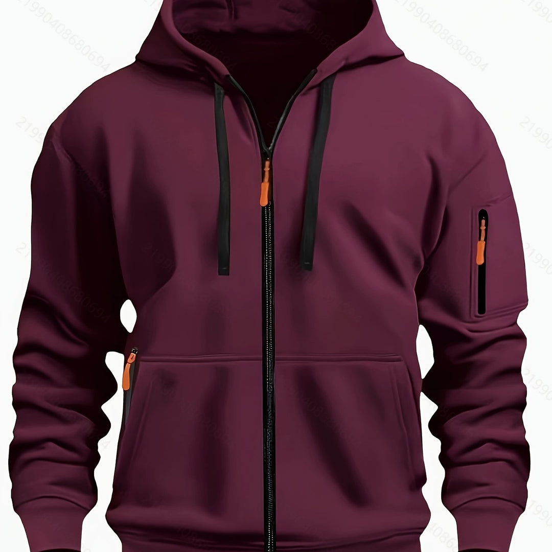 Men's hooded zip-up sweatshirt in deep blue, ideal for casual wear, outdoor gear, and layering.