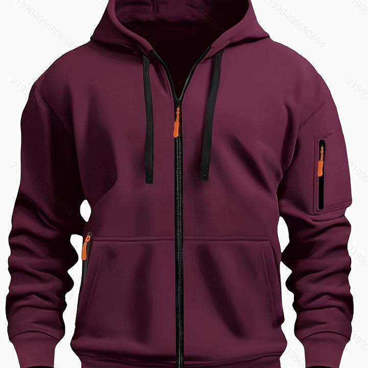 Men's hooded zip-up sweatshirt in deep blue, ideal for casual wear, outdoor gear, and layering.