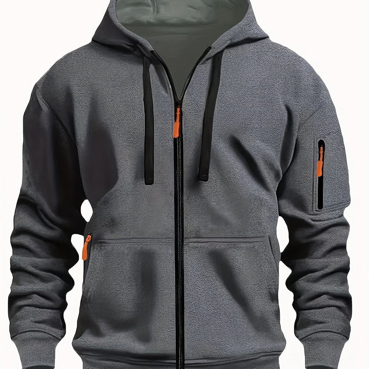 Men's classic black zip-up hoodie, a versatile layering piece for casual outdoor and daily wear.