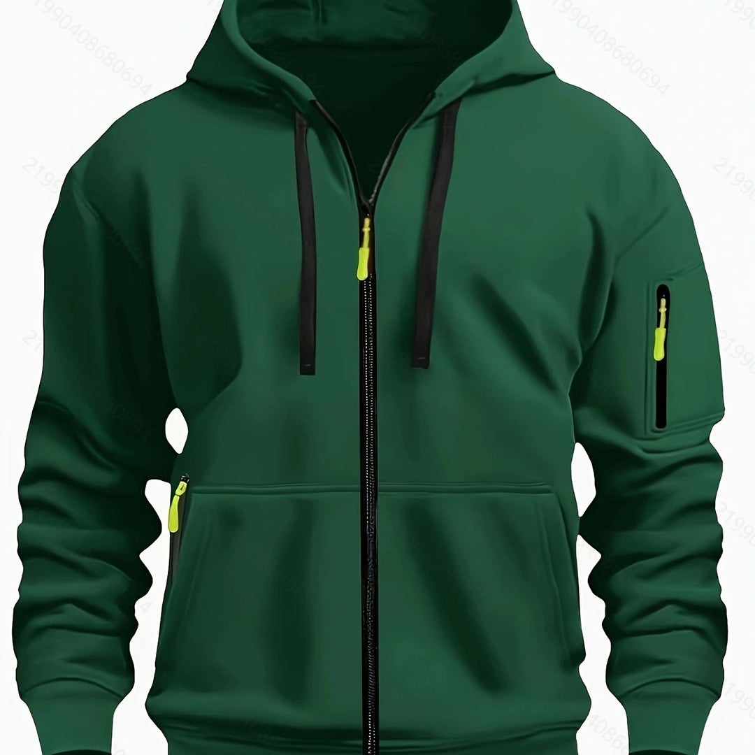 Men's fall fashion zip-up hoodie, a warm hooded top for outdoor adventures & casual layering.