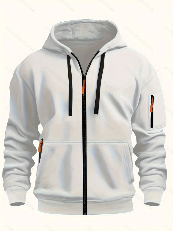 Black men's zip-up hoodie, perfect for layering & activewear, a winter essential for outdoor gear.