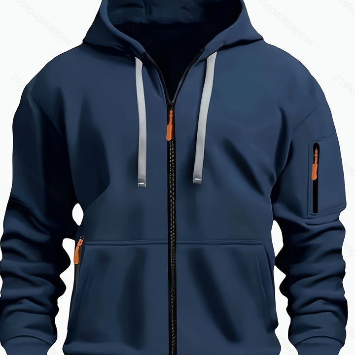 Comfortable men's gray zip-up sweatshirt, a hooded essential for activewear & daily comfort.