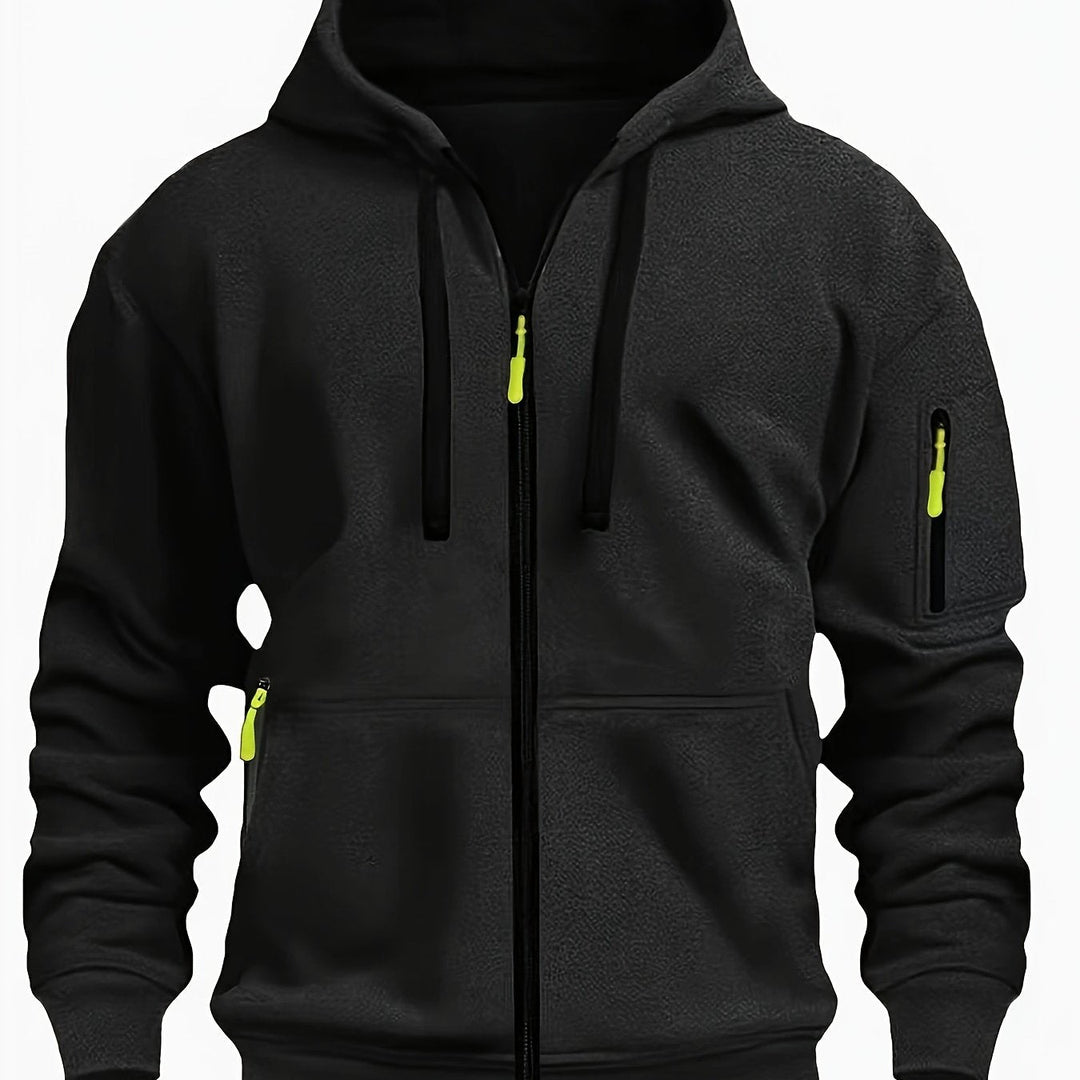 Men's casual zip-up hoodie with a hood, perfect for layering & everyday comfort, winter ready.