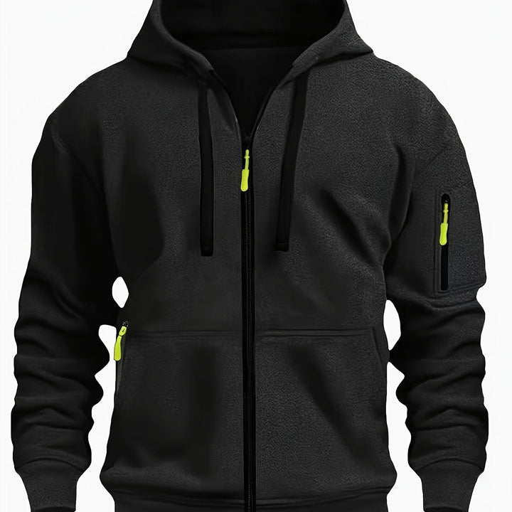 Men's casual zip-up hoodie with a hood, perfect for layering & everyday comfort, winter ready.