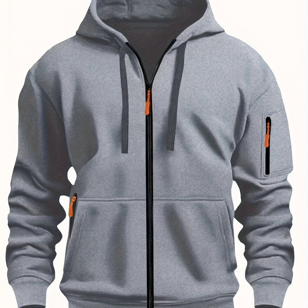 Versatile men's zip-up sweatshirt, a stylish hooded top for outdoor gear and fall fashion.
