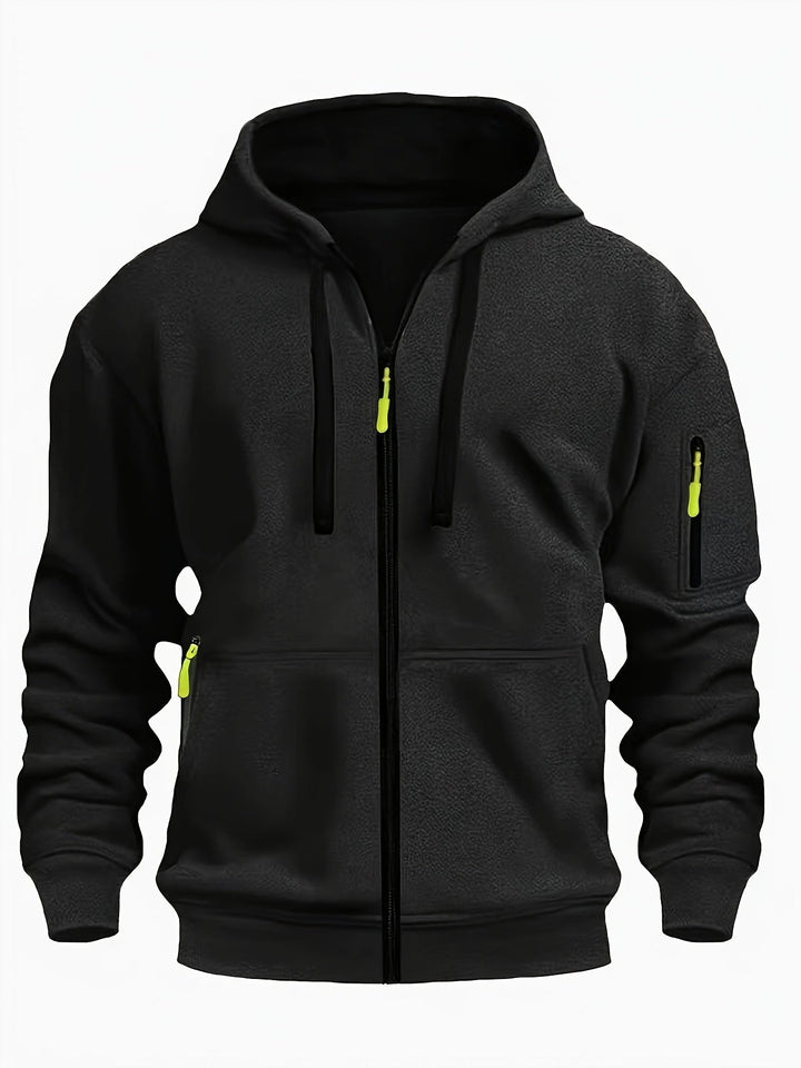 Classic men's zip-up hoodie in charcoal gray, a versatile layering piece for fall and winter.