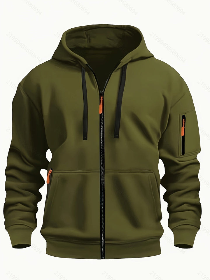 Stylish men's zip-up hoodie with hood, ideal for casual outdoor adventures & daily comfort.