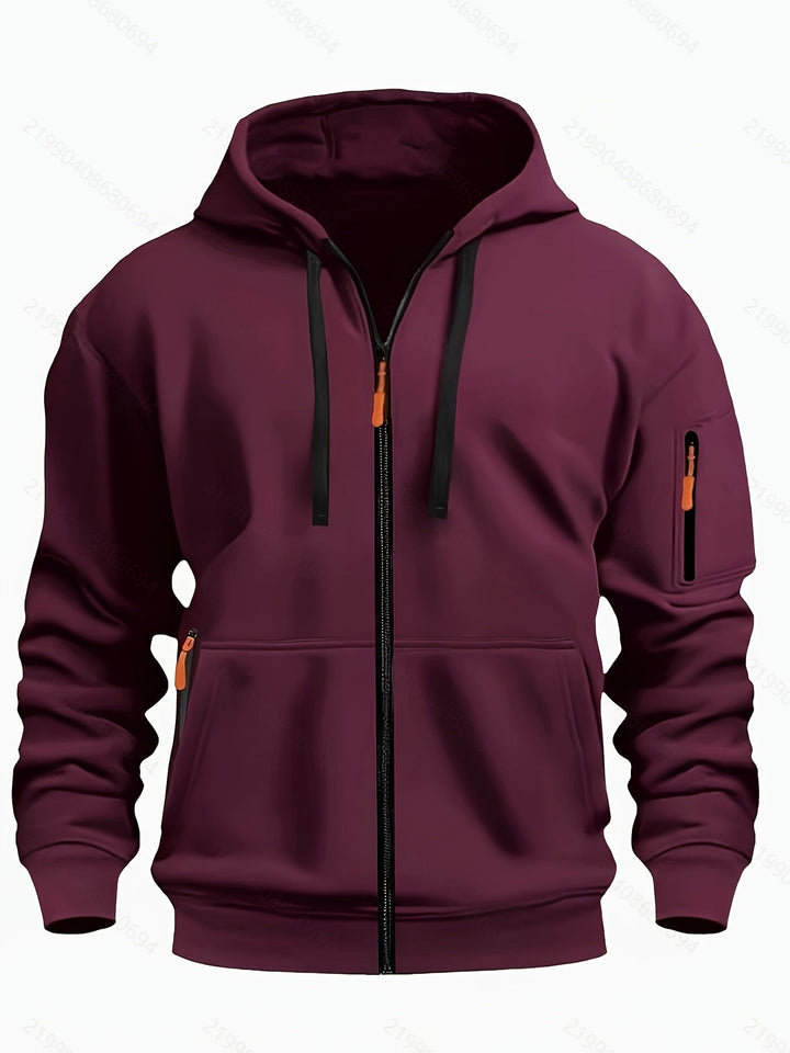 Men's casual zip-up hoodie, excellent for layering in cool weather, a fall fashion essential.