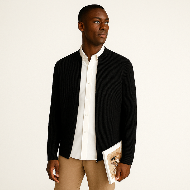 Comfortable men's knit zipper jacket for casual wear. Ideal everyday outerwear for spring and autumn layering.