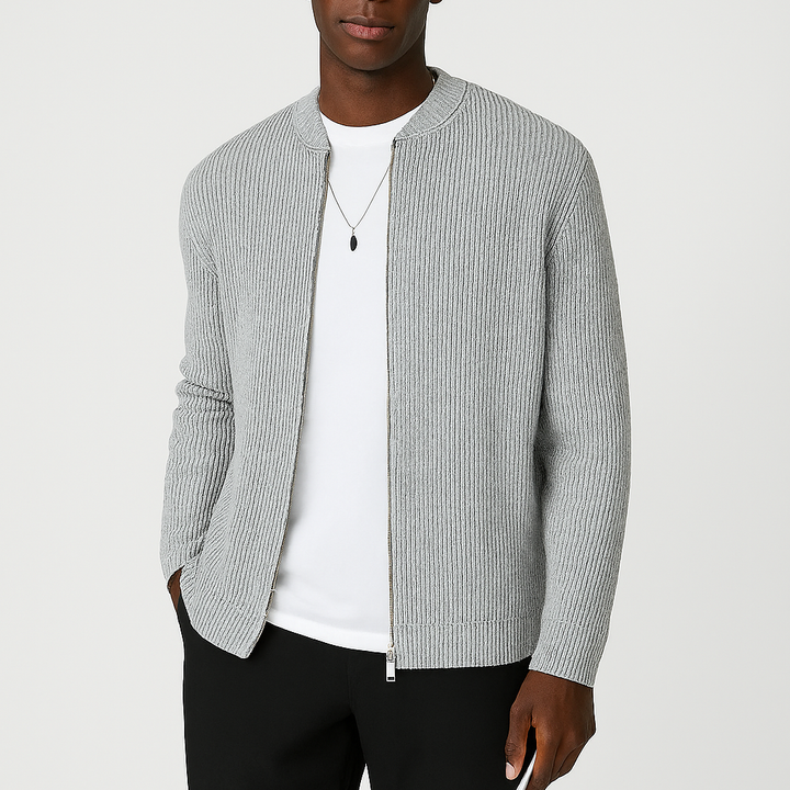 Solid color men's knit cardigan with a full zipper, a versatile and comfortable layering piece for casual outfits.