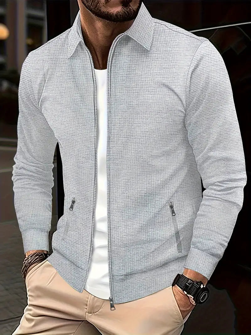 Modern men's casual zip-up long-sleeve shirt, front view, offering a comfortable and stylish look.