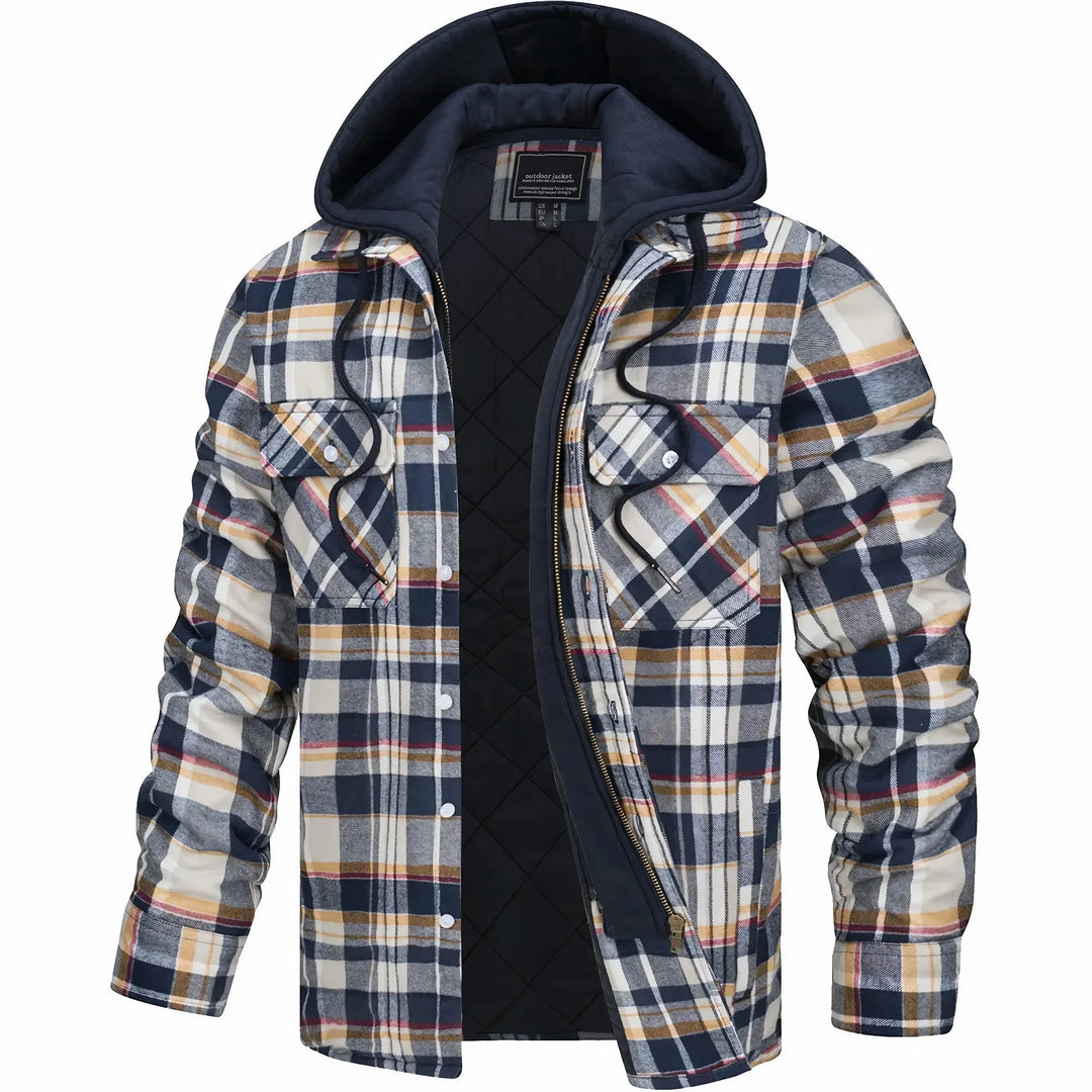 Men's checked zip jacket, stylish fall & winter outerwear for casual layering.