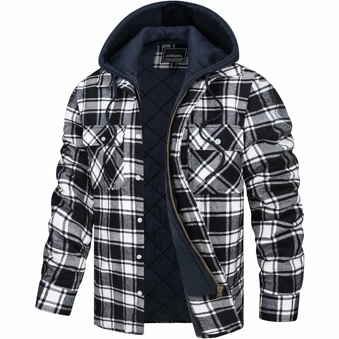 Man modeling a fashionable men's checked zip jacket for fall & winter street style.
