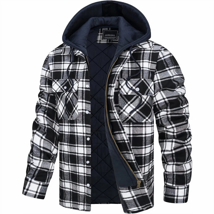 Man modeling a fashionable men's checked zip jacket for fall & winter street style.