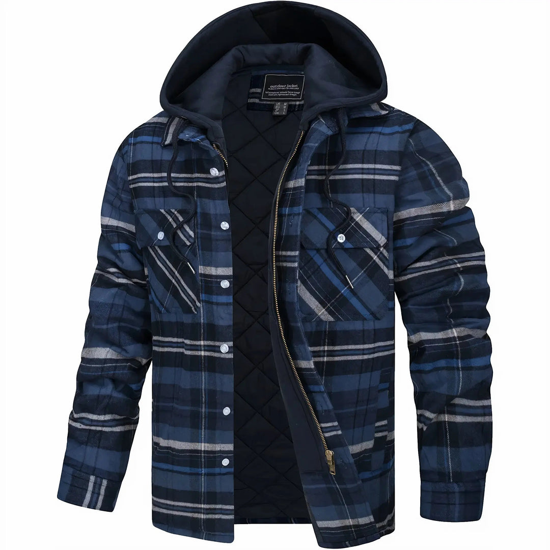 Close-up of men's checked zip jacket, highlighting the classic pattern & zip closure.