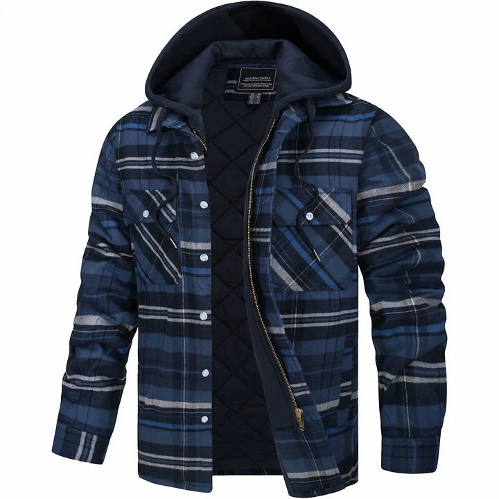 Close-up of men's checked zip jacket, highlighting the classic pattern & zip closure.