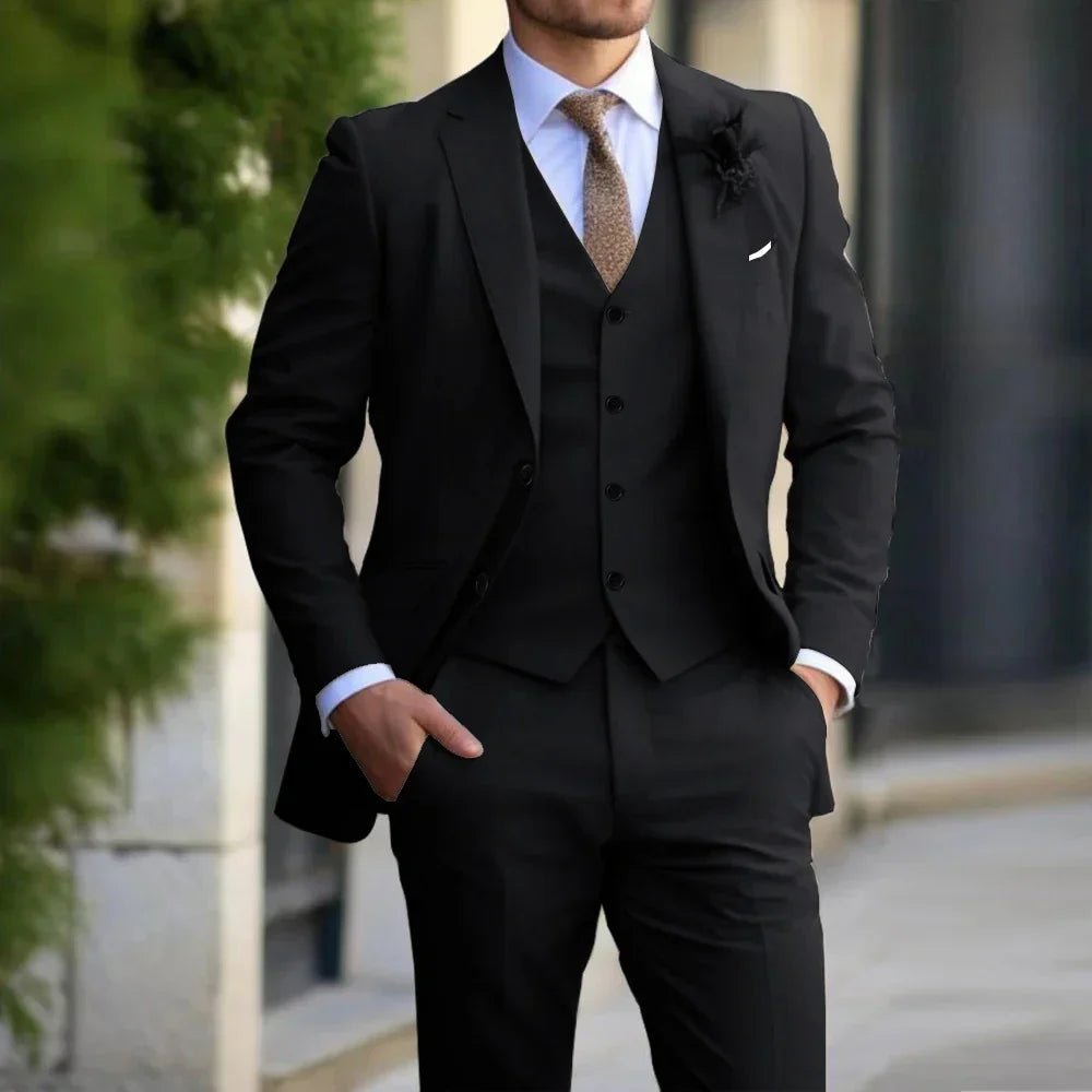Modern classic men's slim fit 3-piece suit. Stylish blazer, vest, and trousers, ideal for formal business & wedding attire.