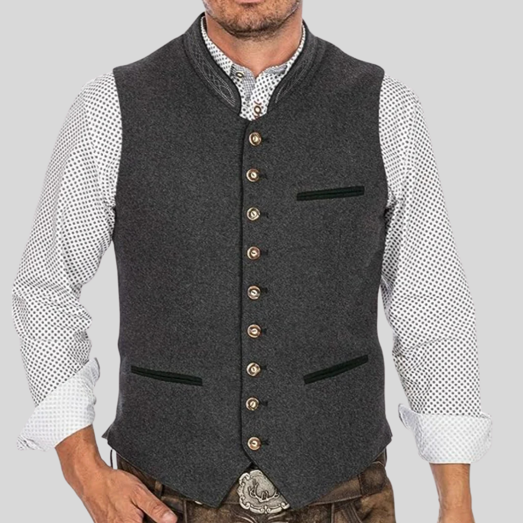 Men's classic Bavarian Trachten vest with elegant embroidery & button front. Perfect for traditional or festive occasions.