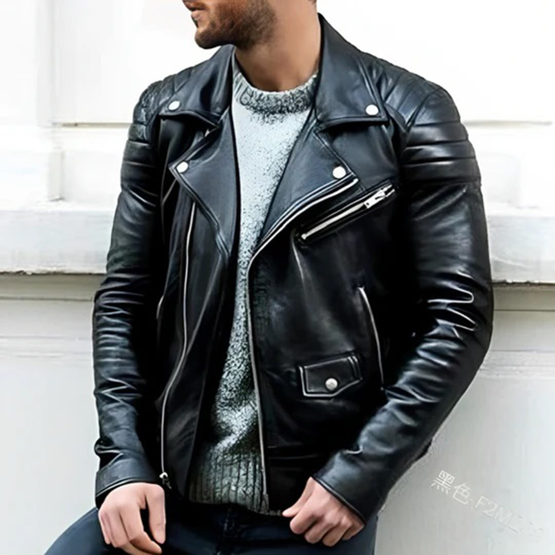 Men's classic black leather biker jacket. Edgy motorcycle style outerwear for modern casual fashion.