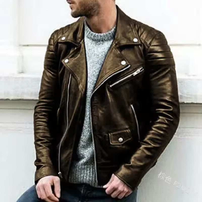 Modern man's edgy black biker jacket. Classic rider style outerwear, versatile for motorcycle or casual fashion.