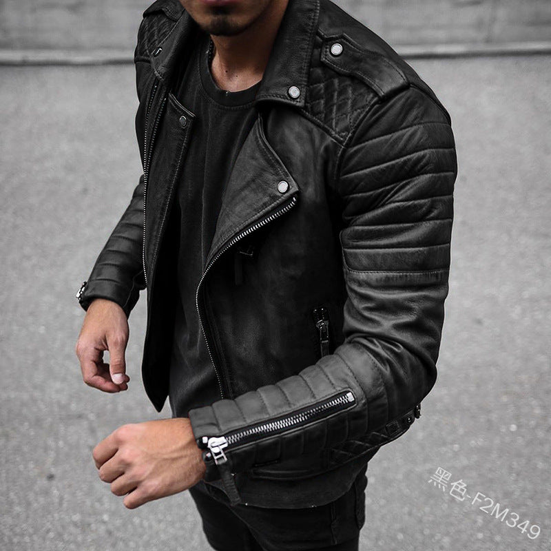 Men's classic black leather biker jacket, rugged style. Ideal outerwear for a timeless moto look.