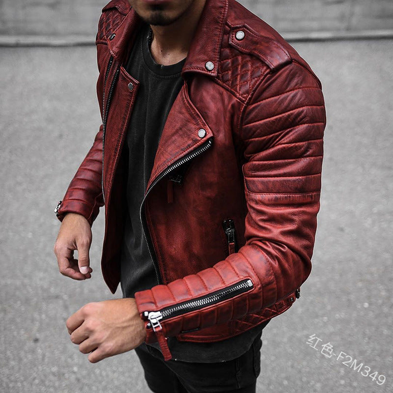 Classic men's black leather moto jacket, rugged zipper outerwear for a sharp, timeless biker fashion.