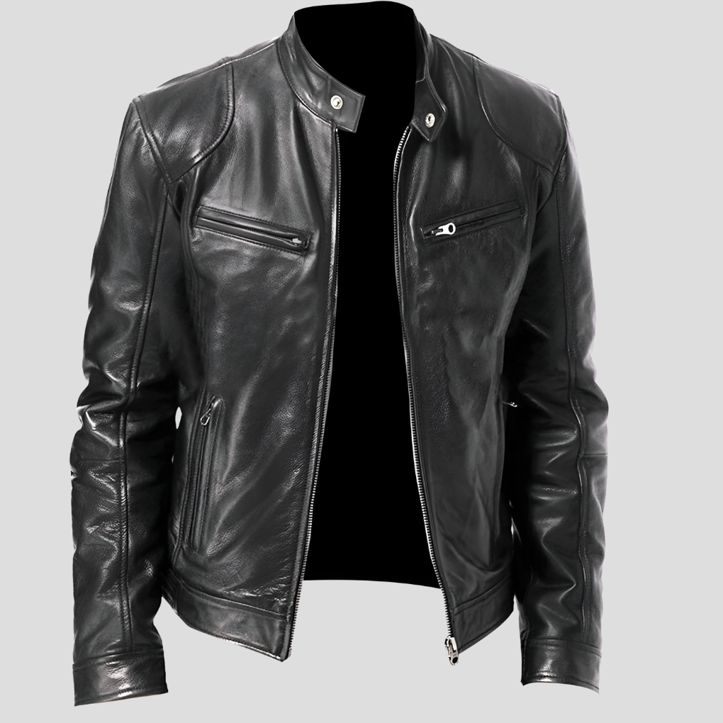 Men's classic black leather jacket with a front zipper, ideal for timeless style and versatile casual outerwear.