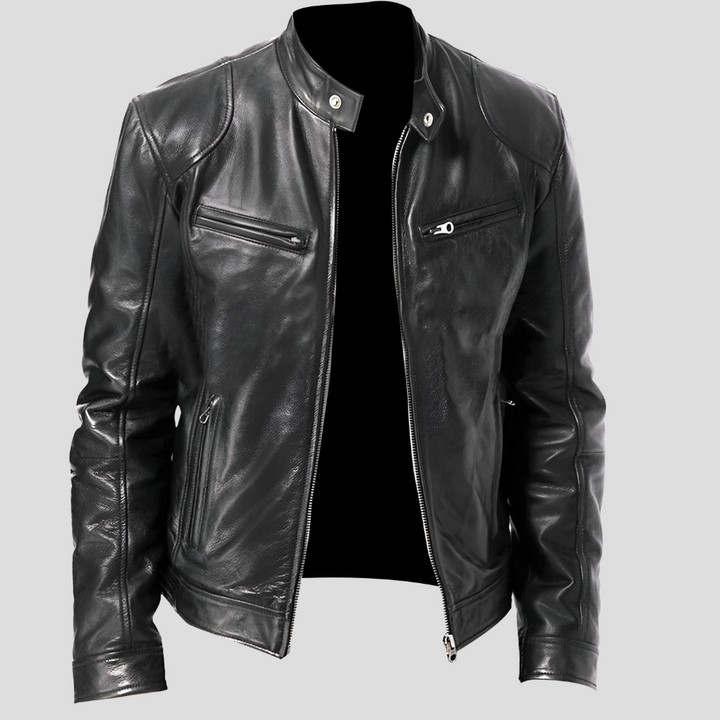 Men's classic black leather jacket with a front zipper, ideal for timeless style and versatile casual outerwear.