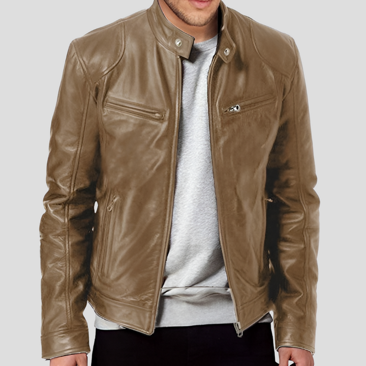 Modern men's leather jacket with a sleek design. Ideal for casual wear, offering a blend of classic style & versatility.