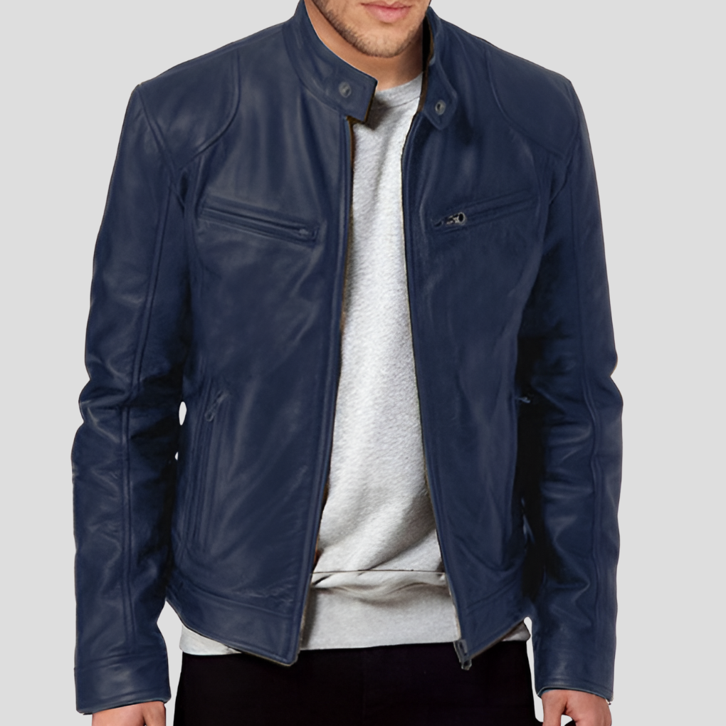 Timeless men's leather jacket, a versatile outerwear choice for spring & autumn. Features a zipper for a modern aesthetic.