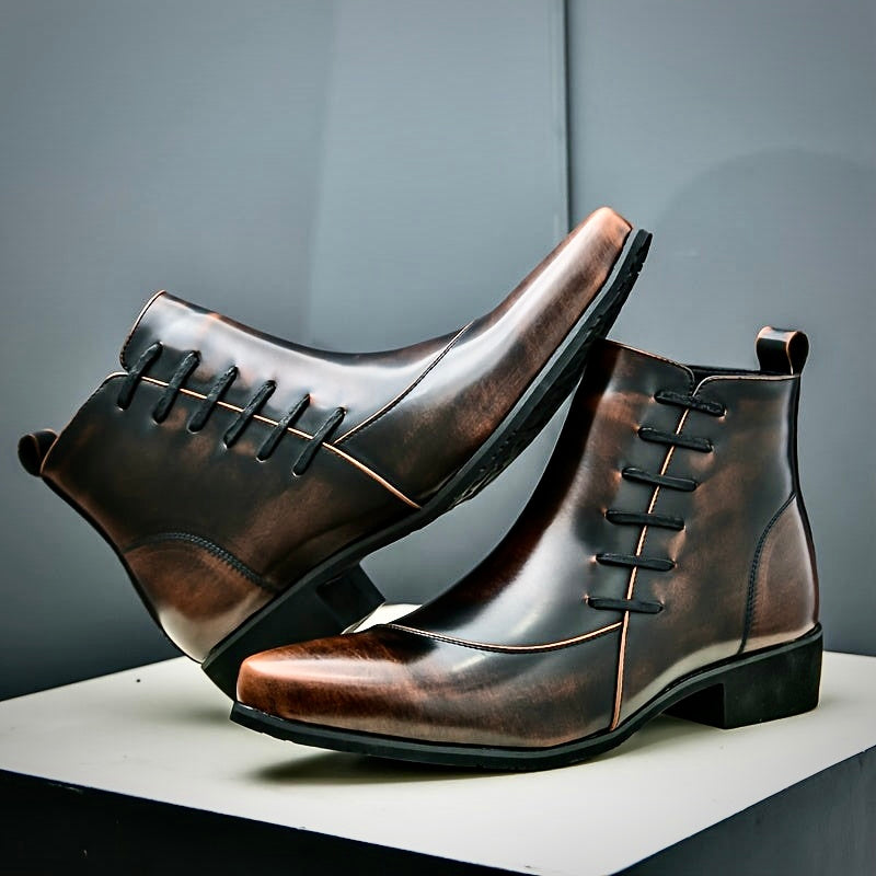 Men's classic black leather lace-up formal dress boots for elegant business and evening wear.