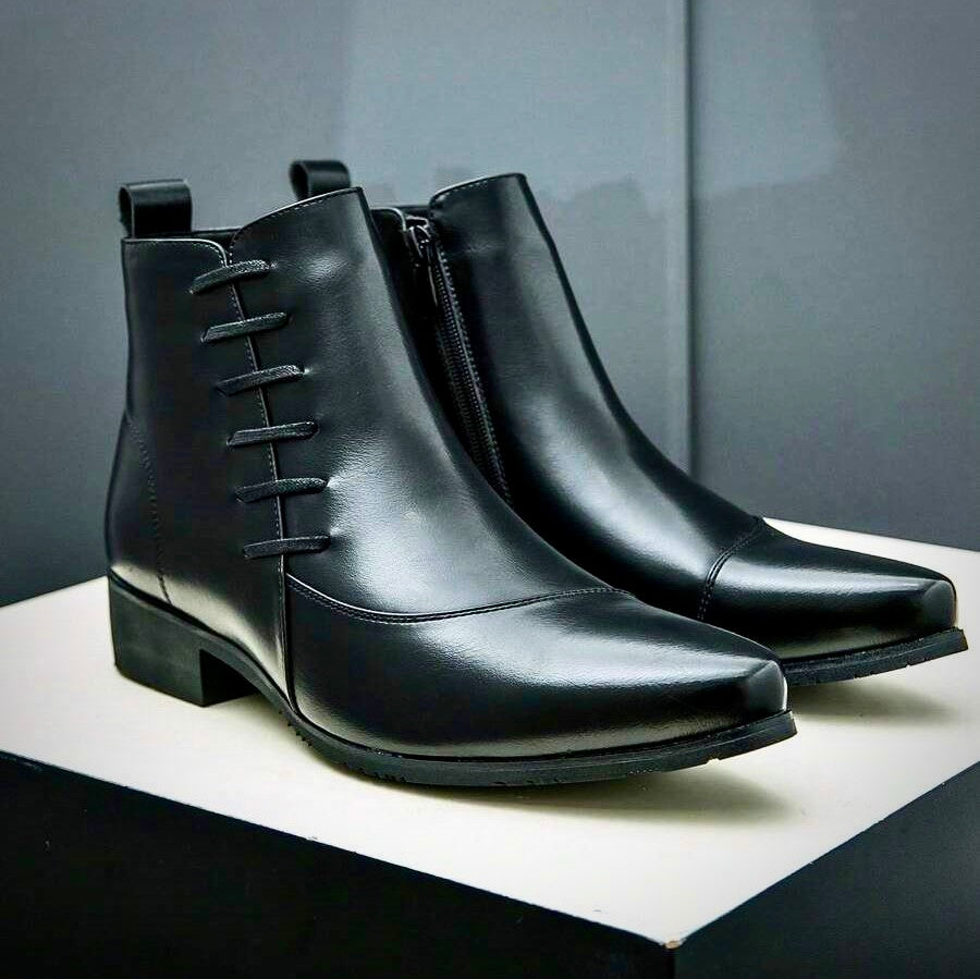 Comfortable black leather lace-up formal dress boots for men, blending style with all-day wearability.
