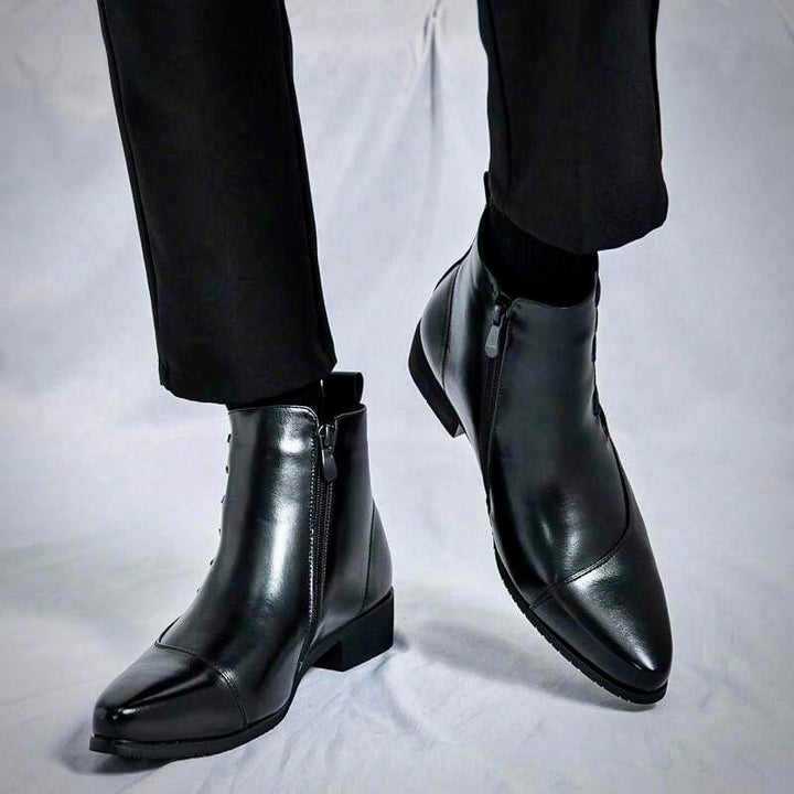 Polished men's business dress boots, providing elegant footwear for a professional and sophisticated look.