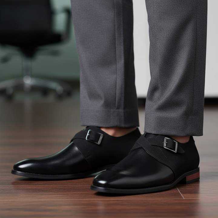 Sleek black leather oxford dress shoes for men. Ideal for formal events & professional business wear.