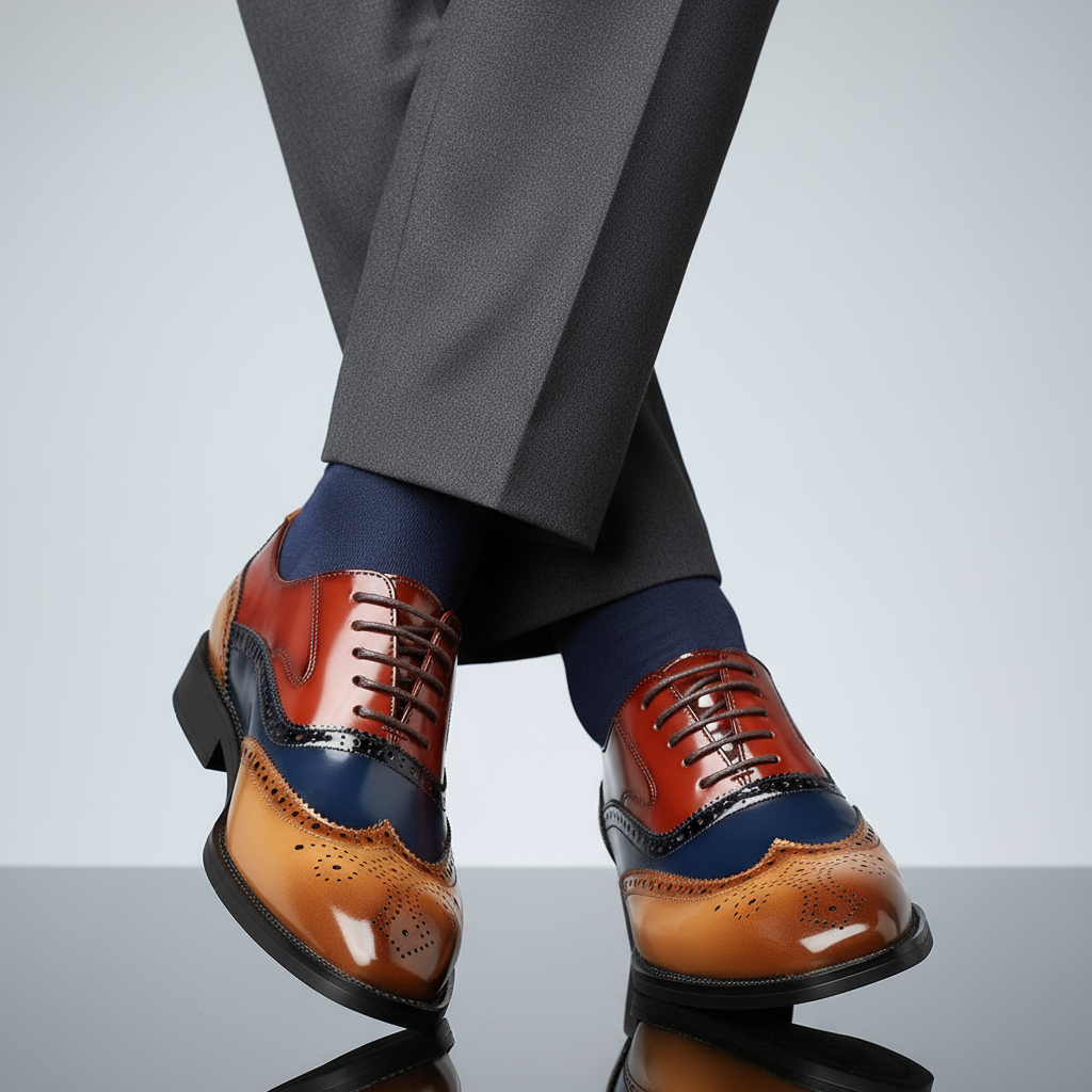 Detailed view of men's elegant wingtip brogue formal shoes, showcasing intricate perforations and classic leather design.
