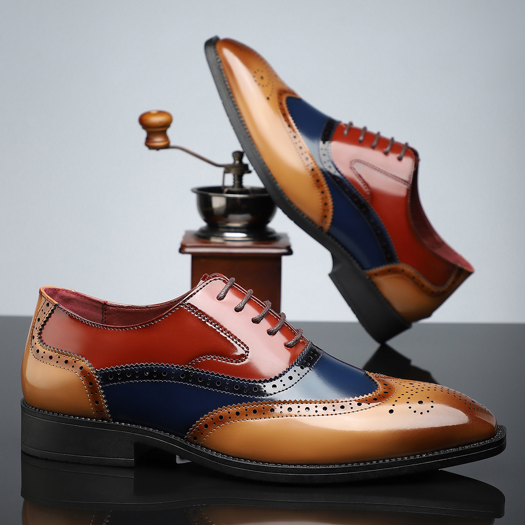 Stylish black leather men's wingtip brogue dress shoes, ideal for wedding, office wear, and sophisticated formal events.