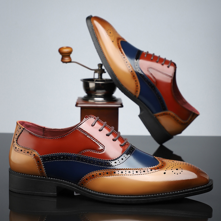 Stylish black leather men's wingtip brogue dress shoes, ideal for wedding, office wear, and sophisticated formal events.