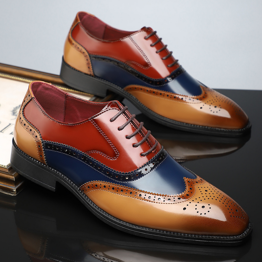 Olive green leather men's formal wingtip brogue dress shoes, adding a unique and sophisticated touch to any outfit.