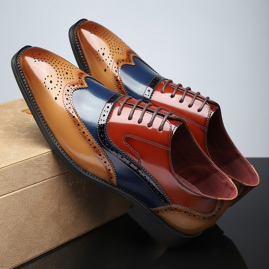 Side profile of comfortable men's wingtip brogue dress shoes, designed for all-day wear at the office or formal events.