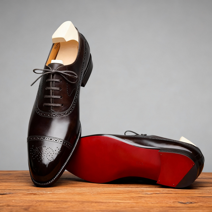 Elegant brown Oxford brogue dress shoes for men, ideal formal footwear for gentlemen & special occasions.