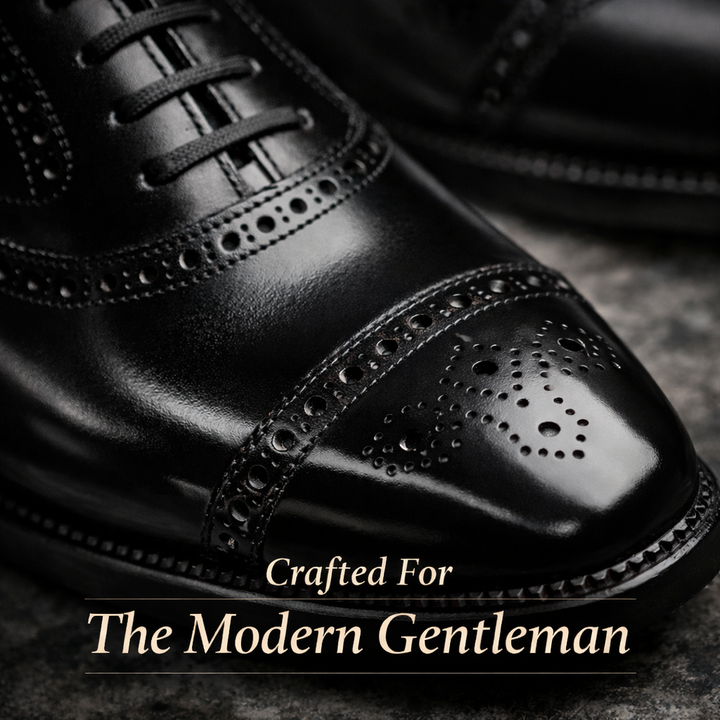 Classic men's black brogue dress shoes with intricate detailing, perfect for weddings & formal events.