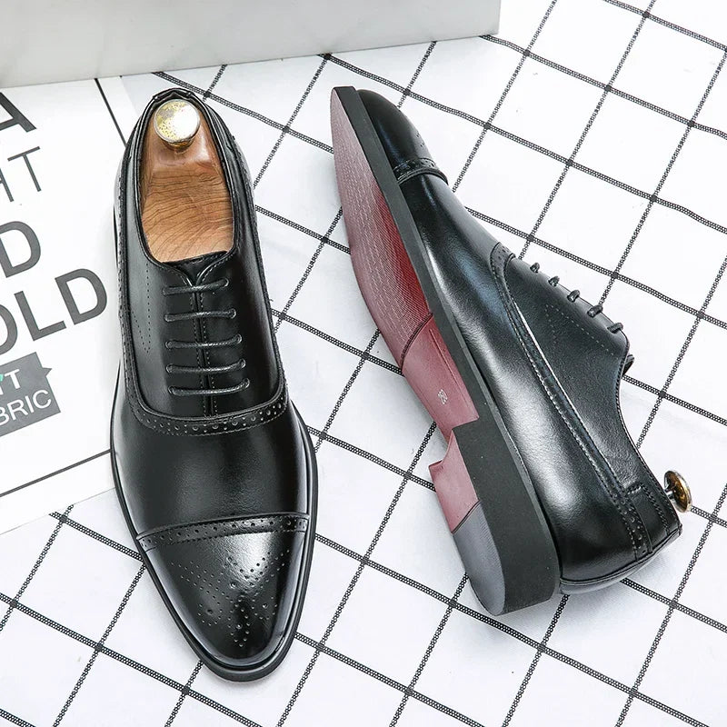 High-quality men's brown dress shoes, Oxford brogue style, ideal for business, weddings & formal events.