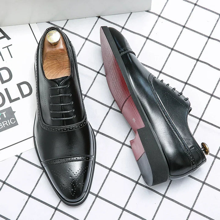 High-quality men's brown dress shoes, Oxford brogue style, ideal for business, weddings & formal events.